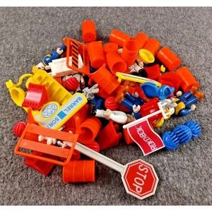 Rokenbok Bulk Lot Flags ,Barrels, Building Pieces, Figurines, Signs, Accessories